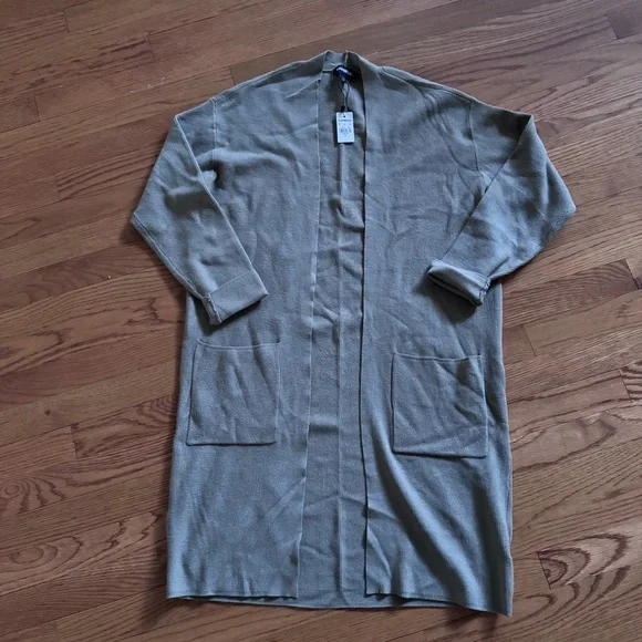 Express Olive Green Open-Front Long Ribbed Cardigan - Picture 1 of 4